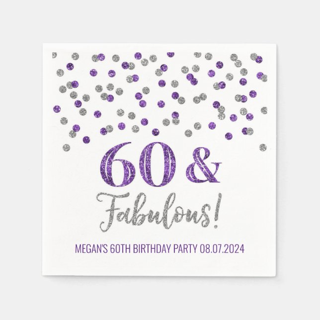 Silver Purple Confetti 60 & Fabulous Napkin (Front)