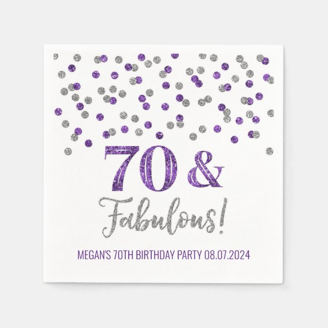 Silver Purple Confetti 70 & Fabulous  Napkin (Front)
