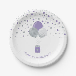 Silver & Purple Confetti Balloons Girl Birthday Paper Plate