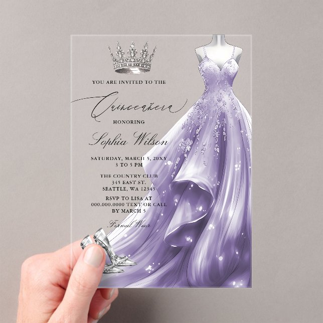 Silver Purple Dress Winter Snowflakes Quinceañera  Acrylic Invitations (Insitu (Handheld))