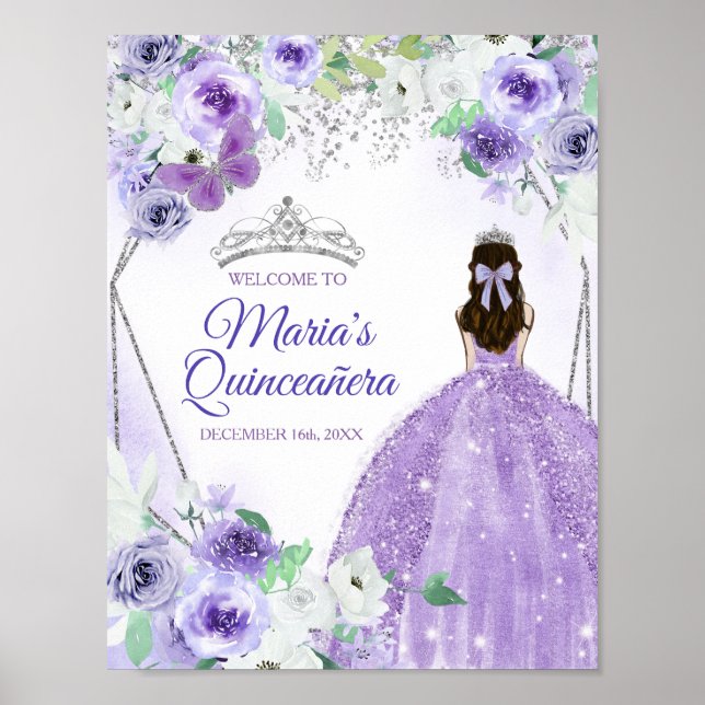 Silver & Purple Dresses Quinceañera Crown Birthday Poster (Front)
