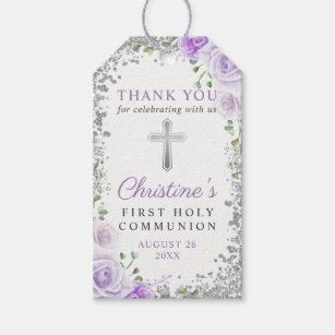 Silver Purple Floral 1st Holy Communion Thank You Gift Tags