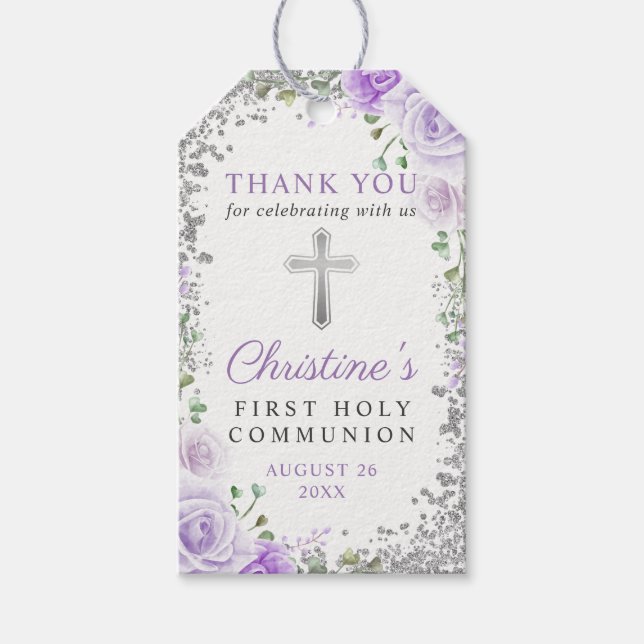 Silver Purple Floral 1st Holy Communion Thank You Gift Tags (Front)