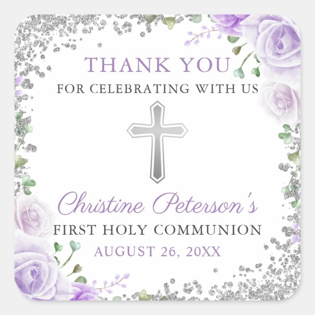 Silver Purple Floral 1st Holy Communion Thank You Square Sticker (Front)