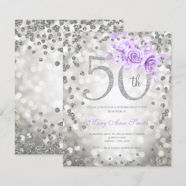 Silver Purple Floral 50th Birthday Lights Invite (Front/Back)