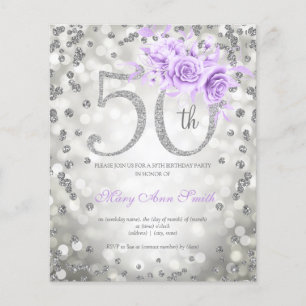 Silver Purple Floral 50th Birthday Lights Invite Flyer