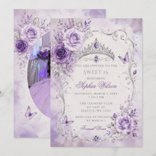Silver Purple Floral Butterfly Sweet 16 Photo Invitation