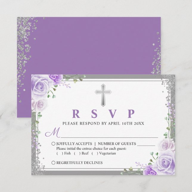 Silver Purple Floral First communion RSVP Card (Front/Back)