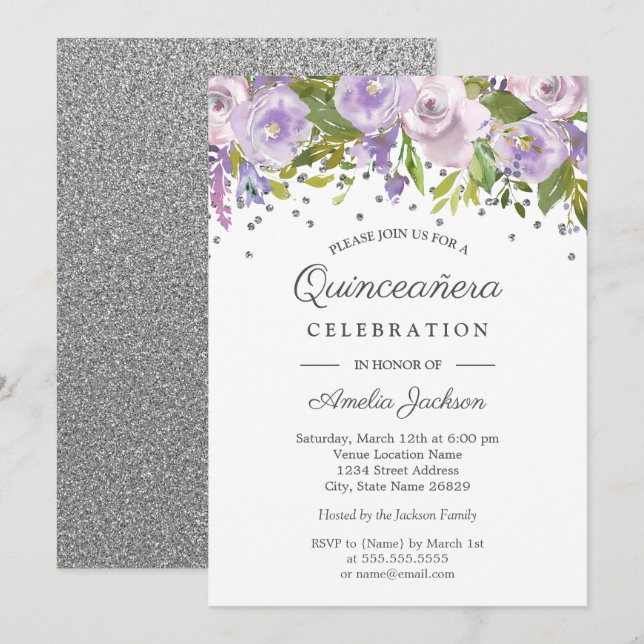 Silver Purple Floral Watercolor Quinceanera Invite (Front/Back)