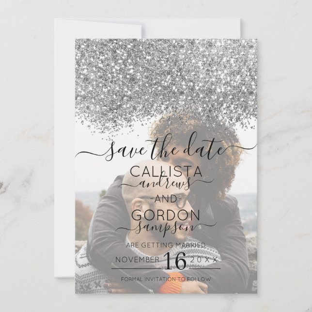 Silver Purple Glitter Confetti Photo Wedding Save The Date (Front)