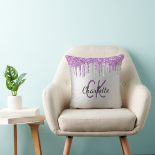 Silver purple glitter drips monogram name throw pillow
