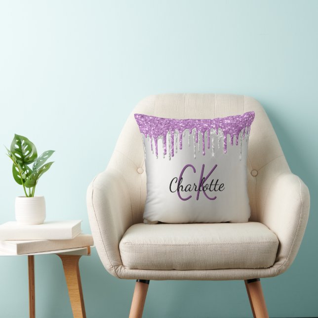 Silver purple glitter drips monogram name throw pillow (Chair)