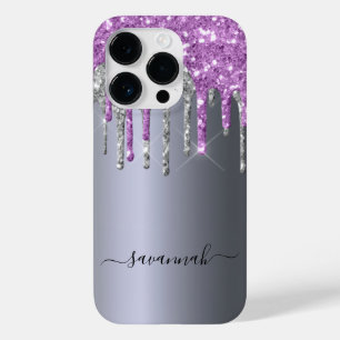 Silver purple glitter drips name script Case-Mate iPhone 14 pro case