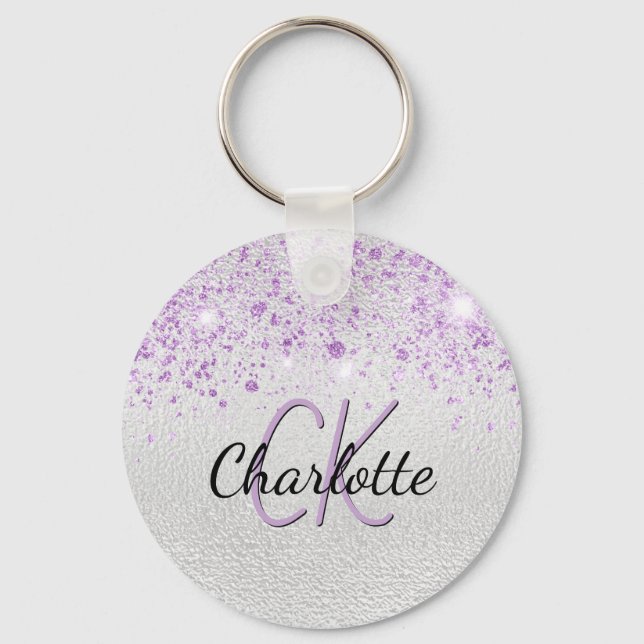Silver purple glitter dust custom monogram keychain (Front)