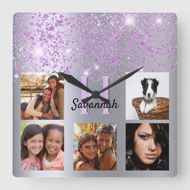 Silver purple glitter dust custom photo collage square wall clock (Front)