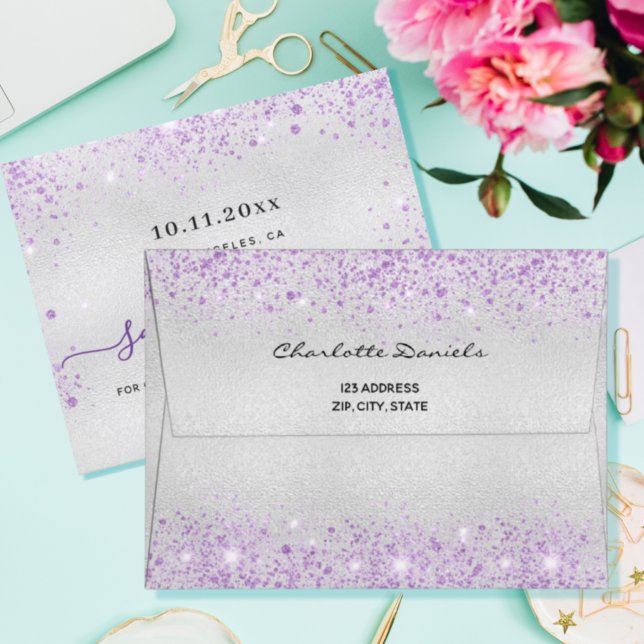 Silver purple glitter dust metal monogram envelope (Creator Uploaded)