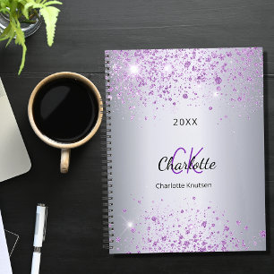 Silver purple glitter dust name monogram 2022 planner
