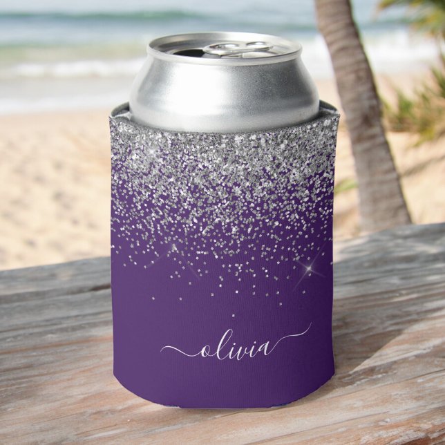 Silver Purple Glitter Girly Monogram Name Can Cooler (Creator Uploaded)