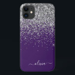 Silver Purple Glitter Girly Monogram Name iPhone 11 Case<br><div class="desc">Silver and Purple Faux Sparkle and Dripping Glitter Brushed Metal Monogram Name and Initial Phone. This makes the perfect sweet 16 birthday,  wedding,  bridal shower,  anniversary,  baby shower or bachelorette party gift for someone that loves glam luxury and chic styles.</div>