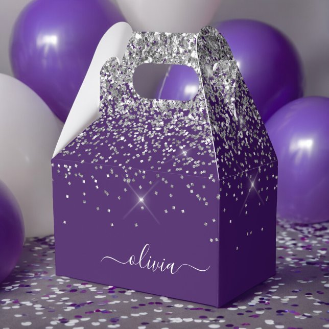 Silver Purple Glitter Girly Monogram Name Favor Box (Creator Uploaded)
