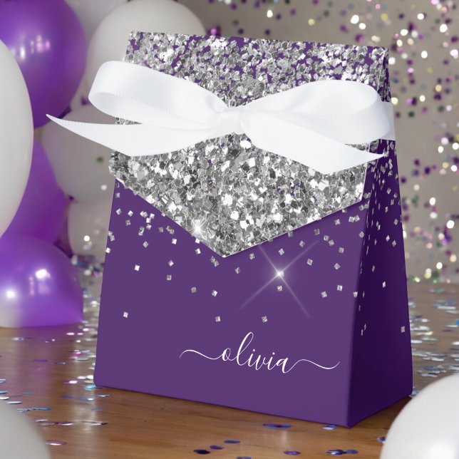 Silver Purple Glitter Girly Monogram Name Favor Box (Creator Uploaded)