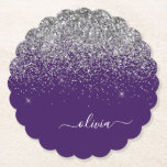 Silver Purple Glitter Girly Monogram Name Paper Coaster<br><div class="desc">Purple and Silver Sparkle Glitter Script Monogram Name Paper Coasters. This makes the perfect graduation,  birthday,  wedding,  bridal shower,  anniversary,  baby shower or bachelorette party gift for someone that loves glam luxury and chic styles.</div>