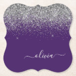 Silver Purple Glitter Girly Monogram Name Paper Coaster<br><div class="desc">Purple and Silver Sparkle Glitter Script Monogram Name Paper Coasters. This makes the perfect graduation,  birthday,  wedding,  bridal shower,  anniversary,  baby shower or bachelorette party gift for someone that loves glam luxury and chic styles.</div>