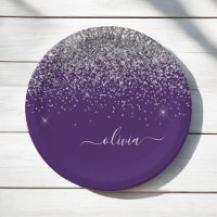 Silver Purple Glitter Girly Monogram Name