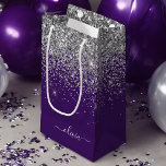 Silver Purple Glitter Girly Monogram Name Small Gift Bag<br><div class="desc">Purple and Silver Glitter Script Monogram Name Gift Bag. This makes the perfect sweet 16 birthday,  wedding,  bridal shower,  anniversary,  baby shower or bachelorette party gift bag for someone that loves glam luxury and chic styles.</div>