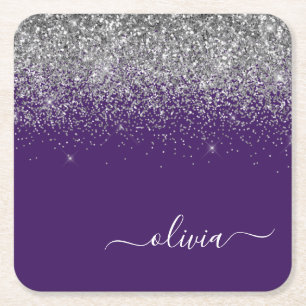 Silver Purple Glitter Girly Monogram Name Square Paper Coaster