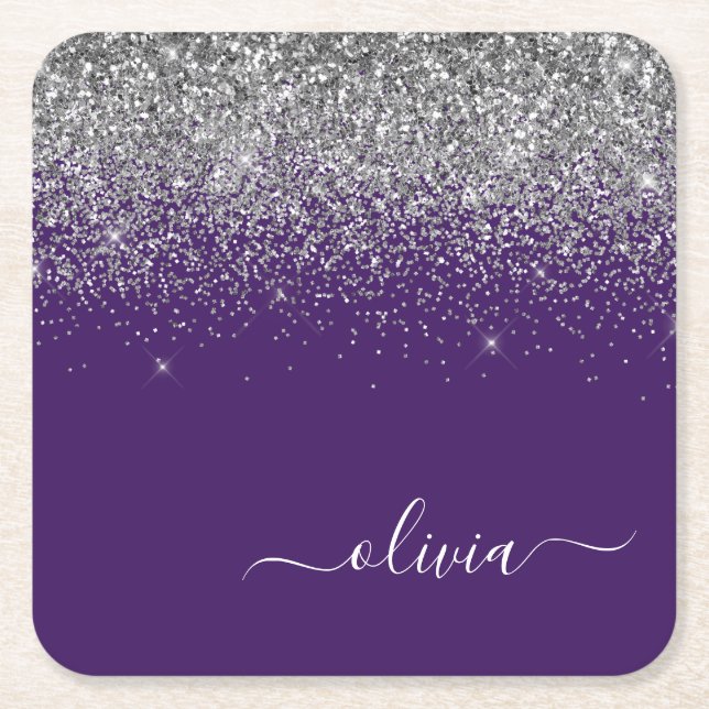 Silver Purple Glitter Girly Monogram Name Square Paper Coaster (Front)