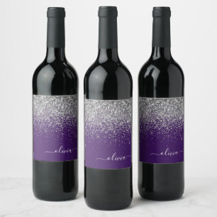 Silver Purple Glitter Girly Monogram Name Wine Label