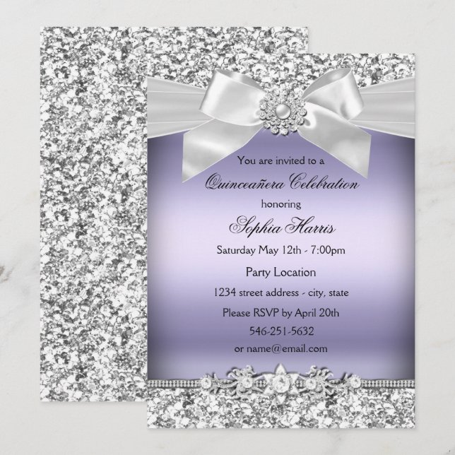 Silver Purple Glitter Jewel Bow Quinceanera Invitation (Front/Back)