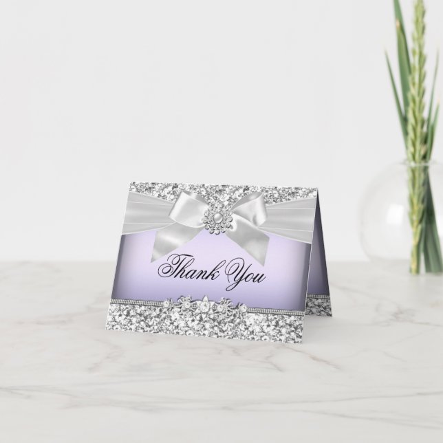 Silver Purple Glitter & Jewel Bow Thank You Card (Front)