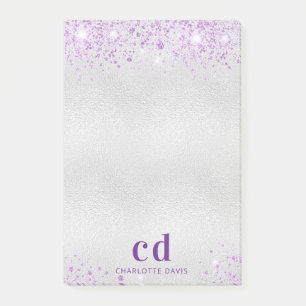Silver purple glitter metal monogram initials name post-it notes