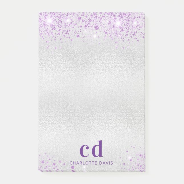 Silver purple glitter metal monogram initials name post-it notes (Front)