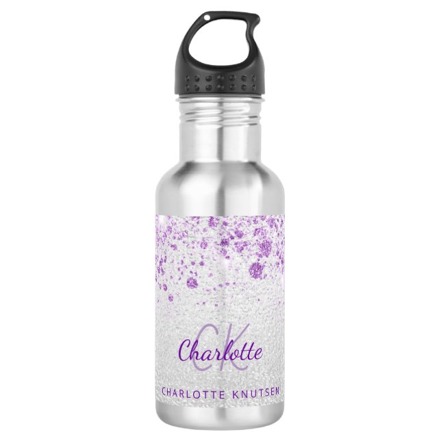 Silver purple glitter monogram 532 ml water bottle (Front)