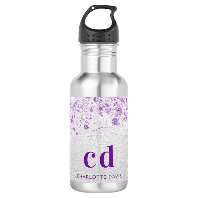 Silver purple glitter monogram initials 532 ml water bottle (Front)