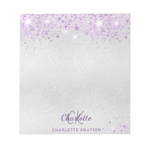 Silver purple glitter monogram initials name notepad