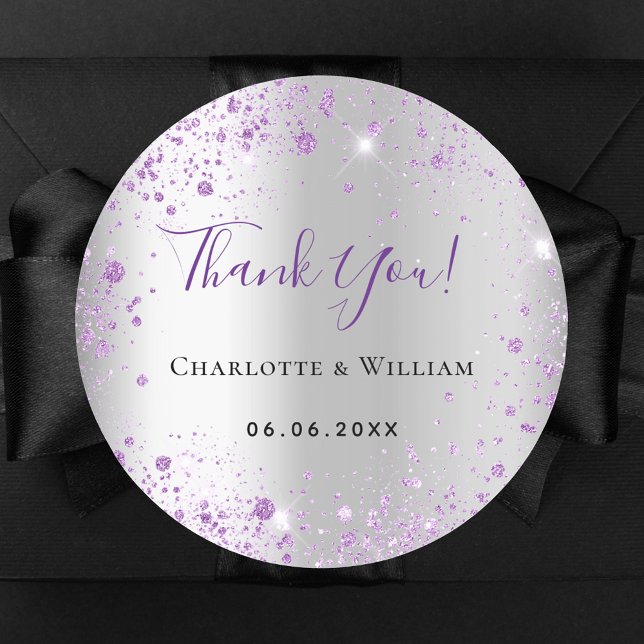 Silver purple glitter name date wedding classic round sticker (Creator Uploaded)