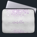 Silver purple glitter name script laptop sleeve<br><div class="desc">A classic faux silver metallic looking background. Decorted with purple coloured glitter dust. Personalize and add your name. The name is written with a modern hand lettered style script with swashes. To keep the swashes only delete the sample name, leave the spaces or emoji's in front and after the name....</div>