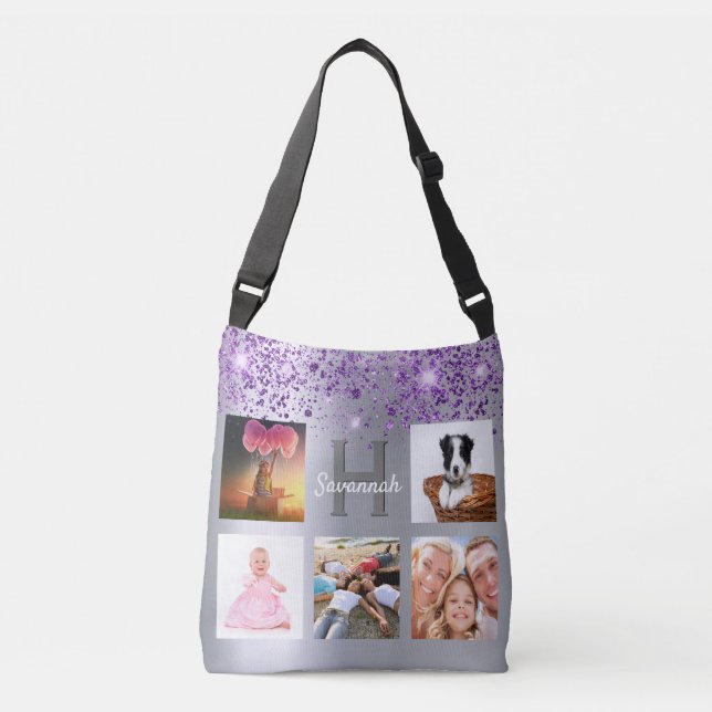 Silver purple glitter photo collage name crossbody bag (Front)