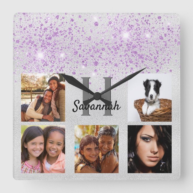 Silver purple glitter photo collage name square wall clock (Front)