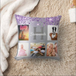 Silver purple glitter photo collage name throw pillow<br><div class="desc">A unique gift for a birthday, Christmas, mother's day, celebrating her life with a collage of 5 of your own photos, pictures. Personalize and add her name and monogram letter. A faux silver metallic looking background. Decorated with purple faux glitter dust. Purple and white letters. The name is written with...</div>