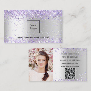 Silver purple glitter photo QR code beauty salon Business Card