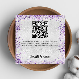 Silver purple glitter QR code wedding RSVP Enclosure Card