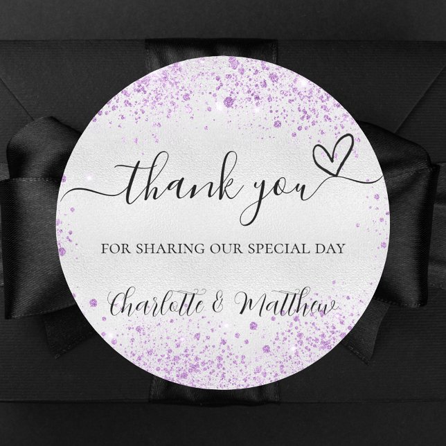 Silver purple glitter sparkles thank you wedding classic round sticker (Creator Uploaded)