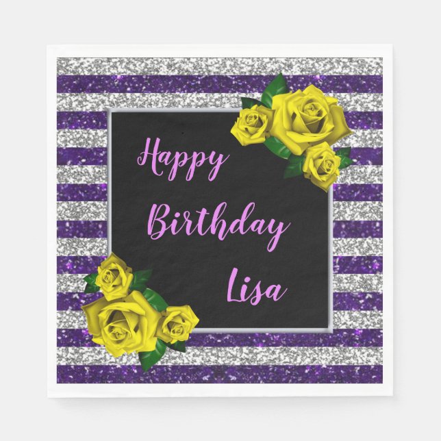 Silver Purple Glitter Stripes Yellow Rose Birthday Napkin (Front)