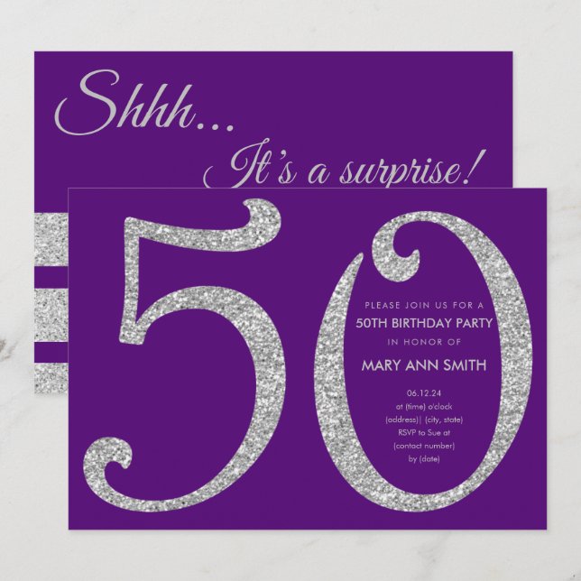 Silver Purple Glitter Surprise 50th Birthday Party Invitation (Front/Back)