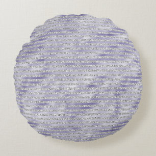 Silver Purple Glitzy Glitter Stripes Round Pillow